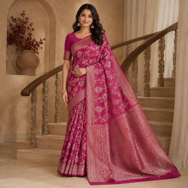 Faibra Magenta Gold Saree